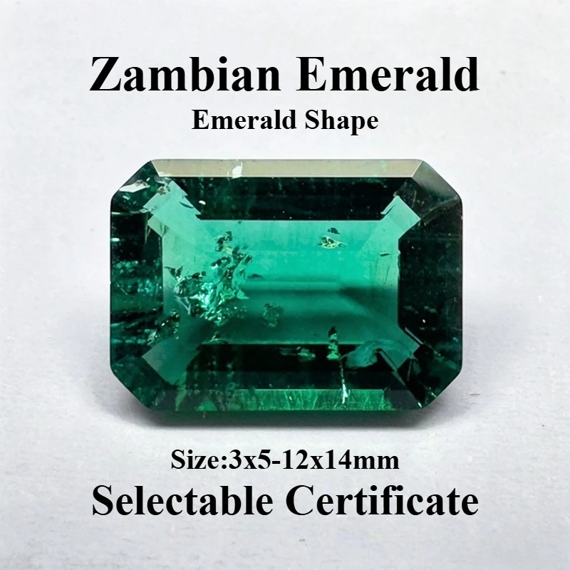 Lab Grown Zambian Emeralds Hydrothermal Hand Cutting Emerald Shape with Cracks Inclusions Inside Gemstone Selectable Certificate