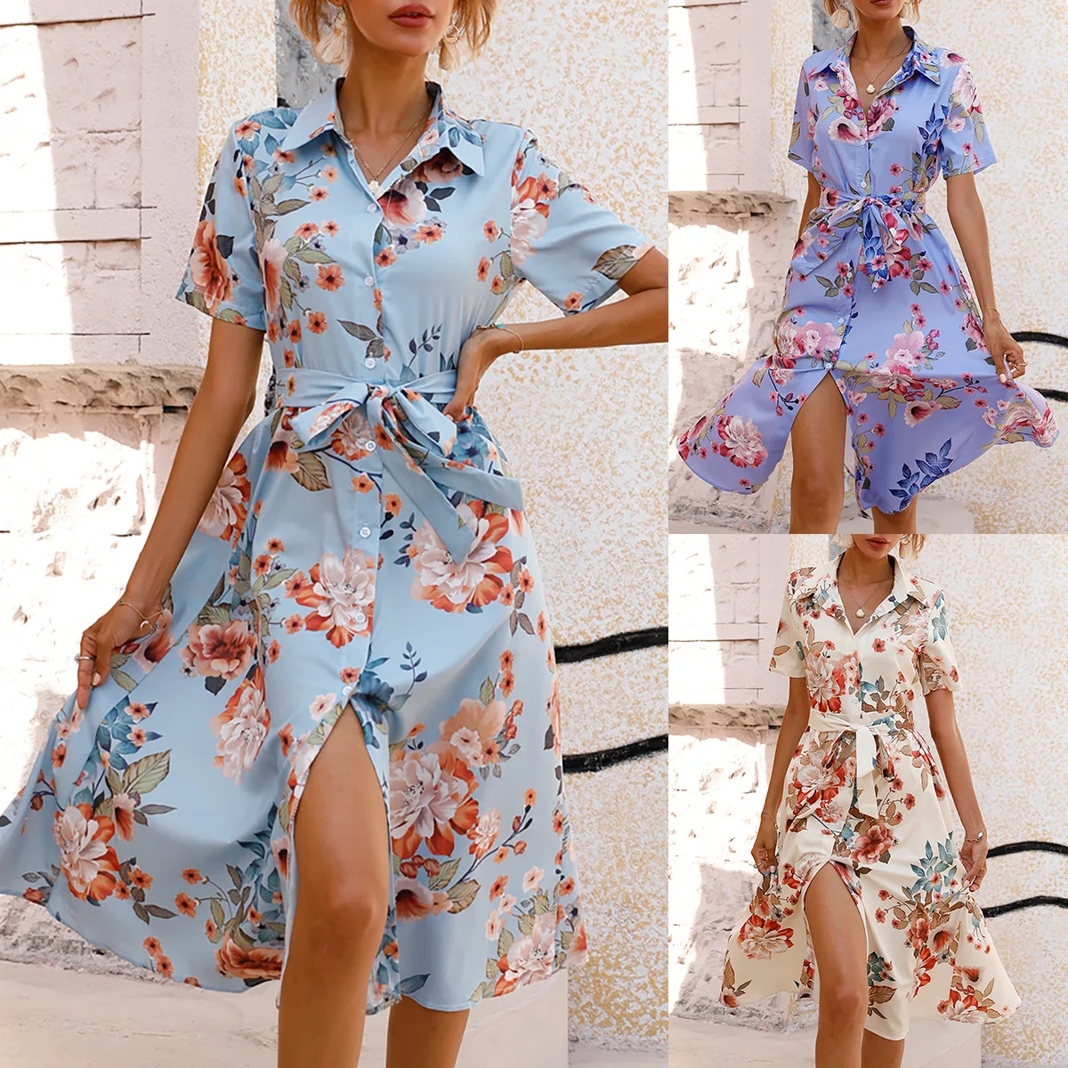 

2025 Summer Waist Single-breasted Printed Short-sleeved Dress Europe and America