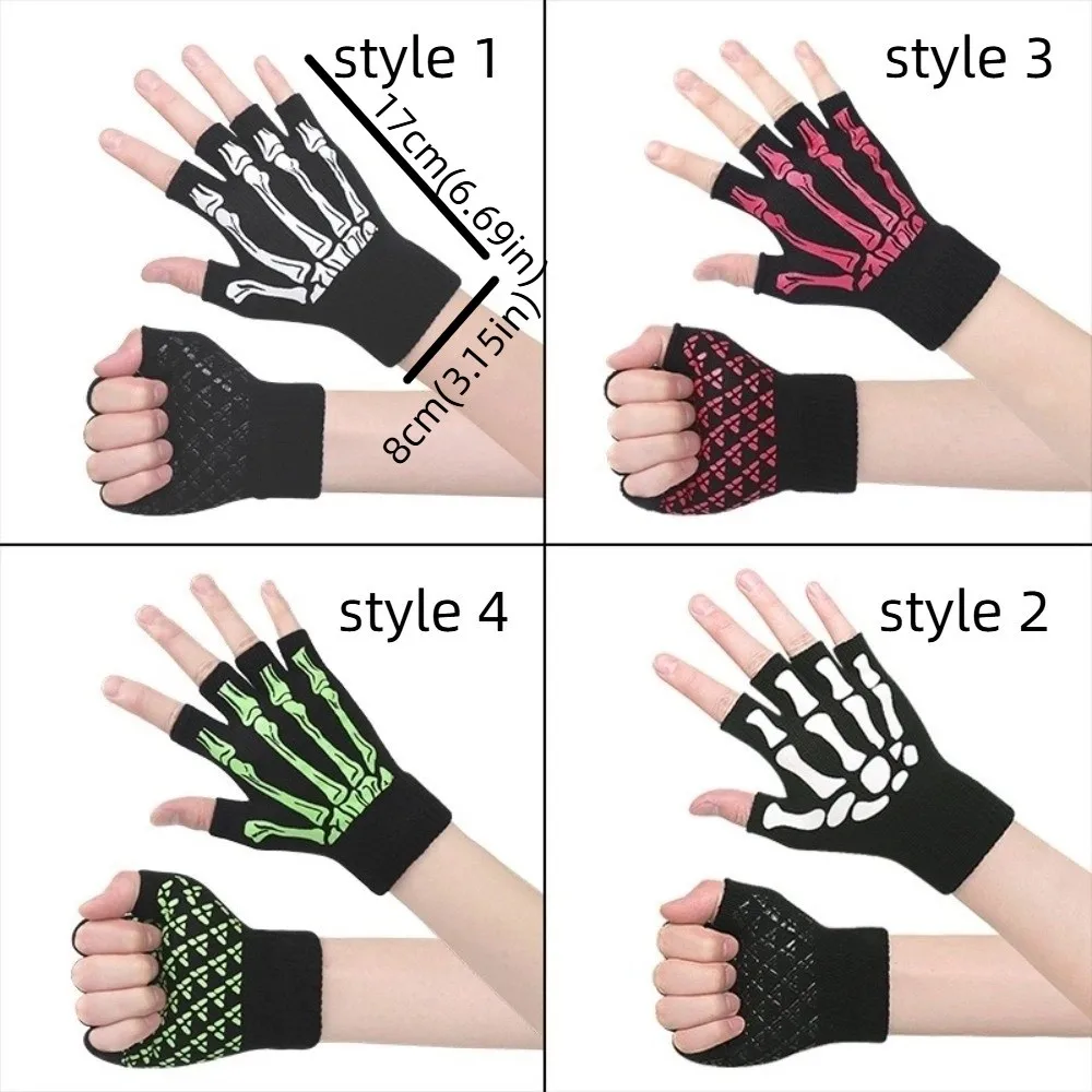 Black Punk Skeleton Gloves Knitted Ghost Claw Skull Half Finger Gloves Thicken Stretch Halloween Skeleton Gloves Moto Riding