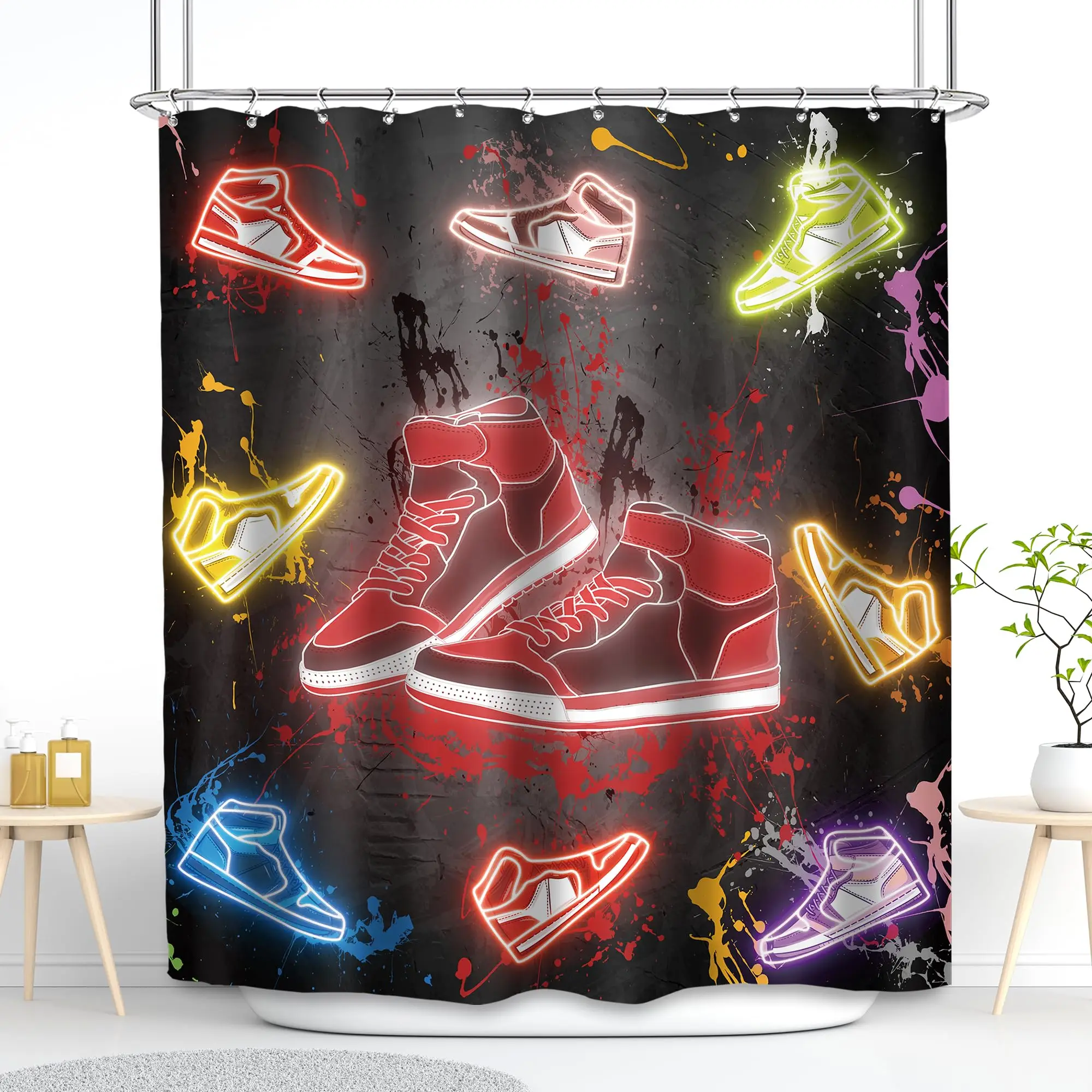 Retro Basketball Shoes Shower Curtain, Sneaker Pattern Shower Curtain, Boys Teens Decorative Bathroom Bath Curtains with Hooks