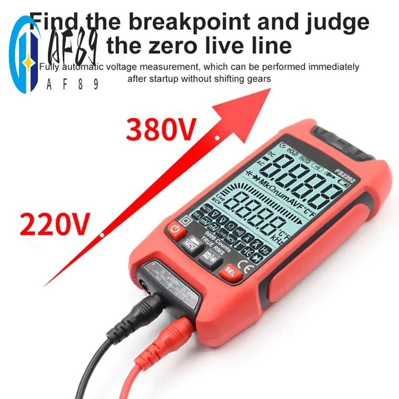 

AF89-FS2202 Auto Range Multimeter 9999 Counts TRMS AC DC Voltmeter Amp NCV Resistance Capacitance Transistor Red