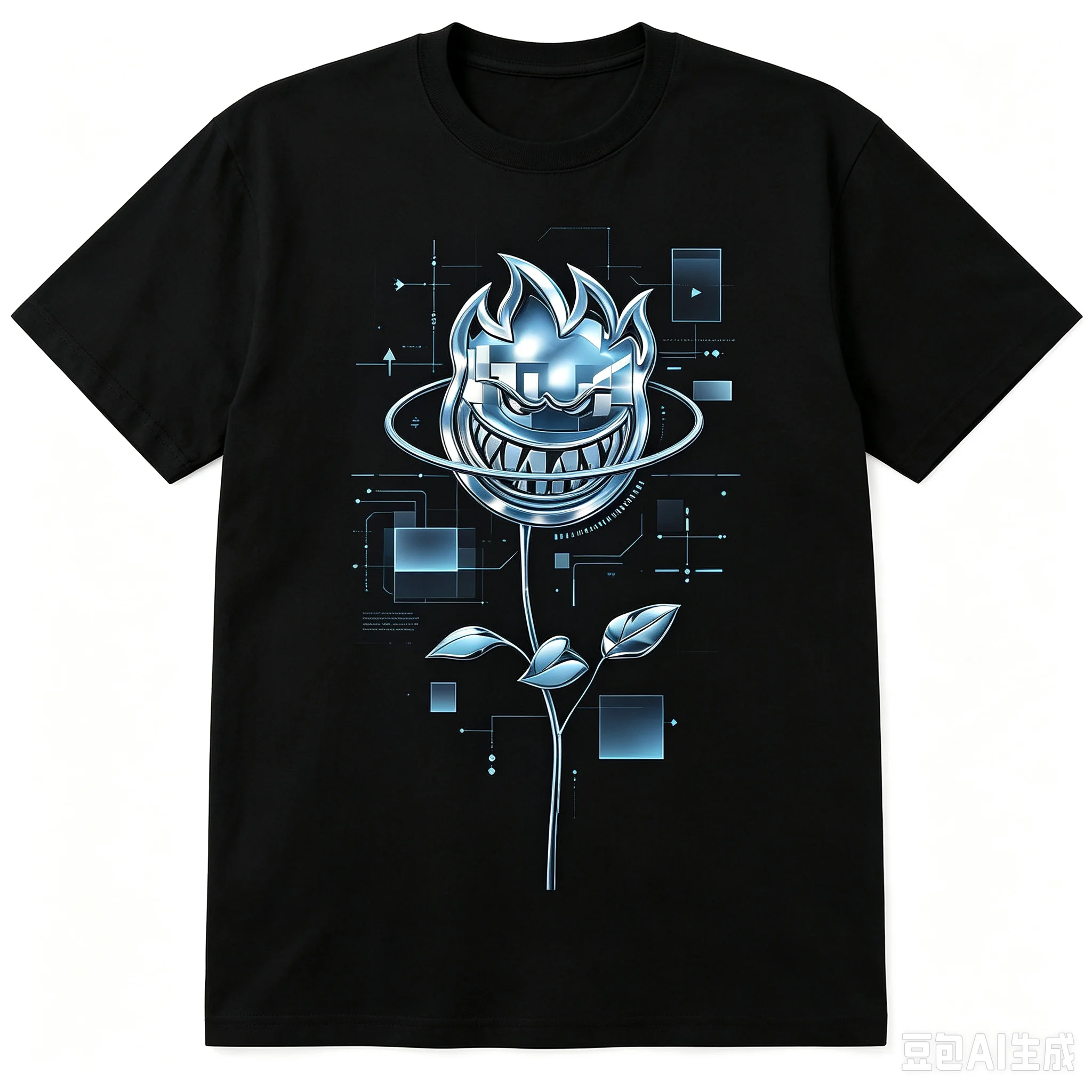 Men Crew Neck Short Sleeve T‑Shirt Vintage Occult Demon Fire Orb Snake Moon Badge Pattern Casual Street Style Tee