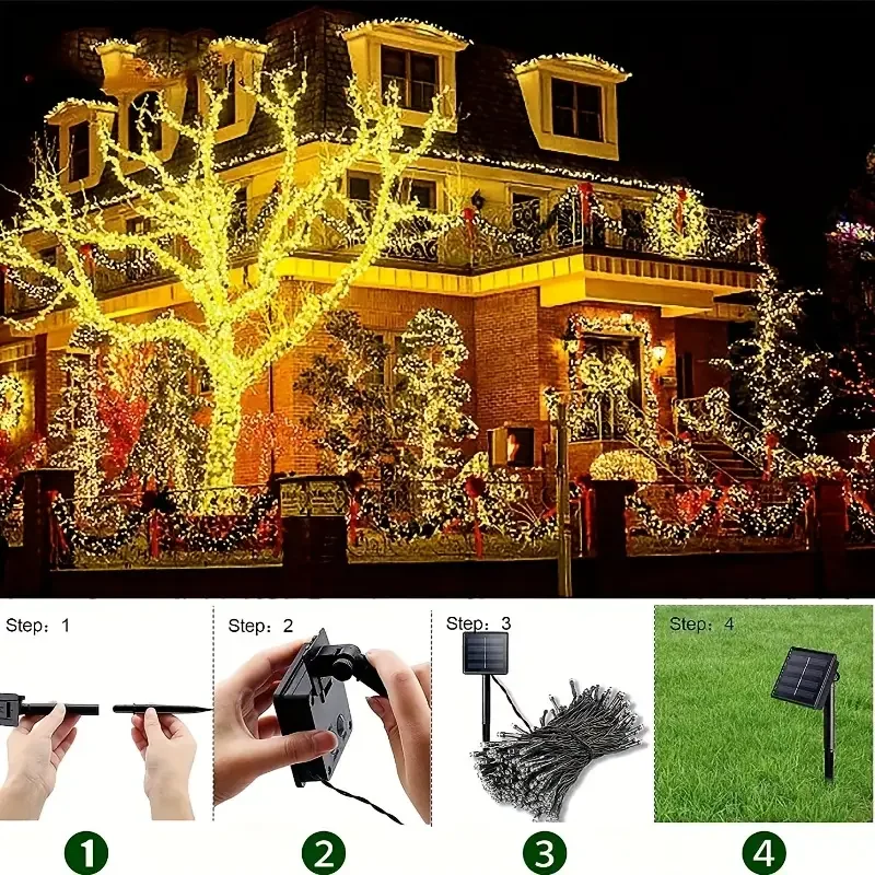 1pc LED Solar String Lights Outdoor 8 Modes Twinkle Fairy Lights Suitable For Stage Lighting Xmas Tree Garden Wedding Decoration