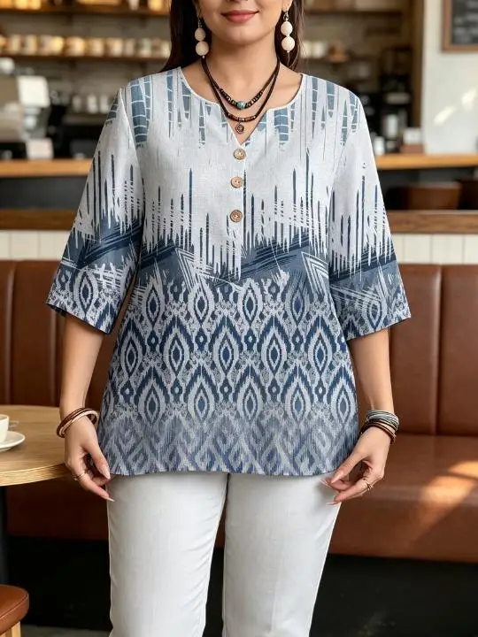 Women Retro Ikat Geometric Blouses Notch V Neck 3 Half Buttons 3/4 Sleeve Lightweight Casual Daily Travel Tops