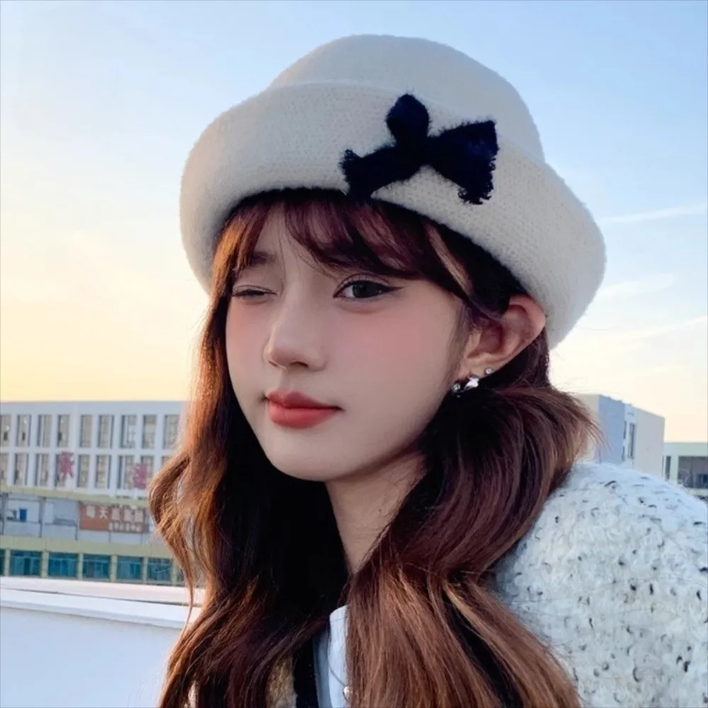 

Elegant Solid Color Bow Bucket Cap Knit Korean Style Woolen Fishing Cap Y2k Roll Brims Women Bucket Hat Girls