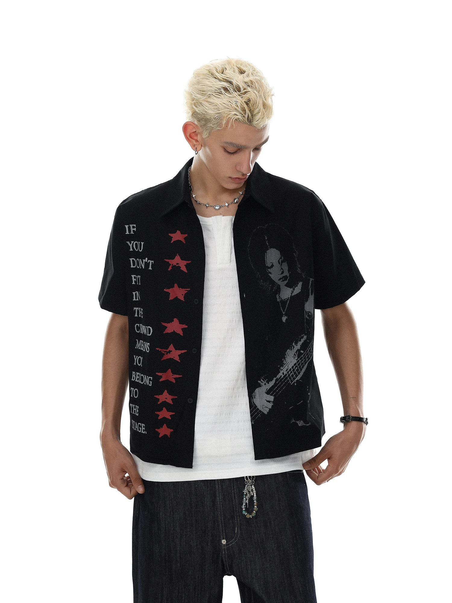 MR NEARLY American Retro Dark Style Portrait Print Short Sleeve Men's Street Vintage Shirt Trendy Loose Fit Cotton Breathable