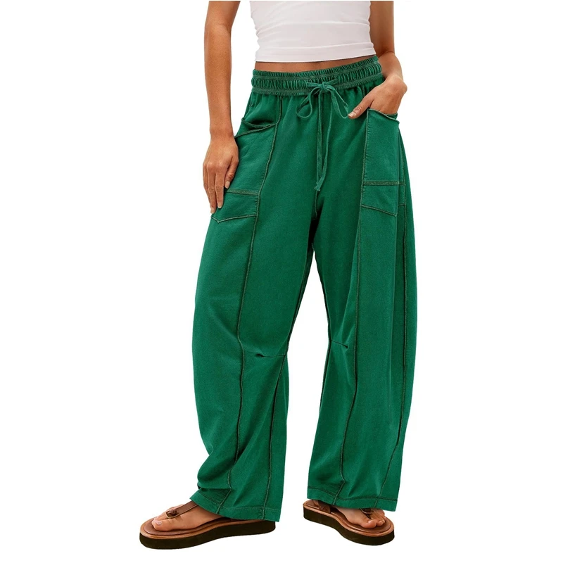 Women's Loose Wide Leg Pants Casual Summer Drawstring Elastic Waist Pockets Line Decoration Sweatpants