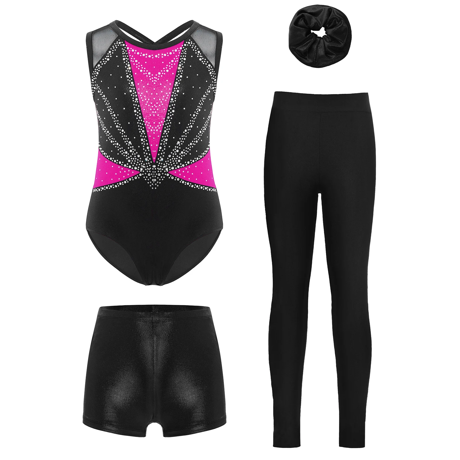 Kids Girls Gymnastics Dance Performance Outfit Sleeveless Crisscross Back Rhinestones Metallic Leotard+Shorts+Leggings+Hairband