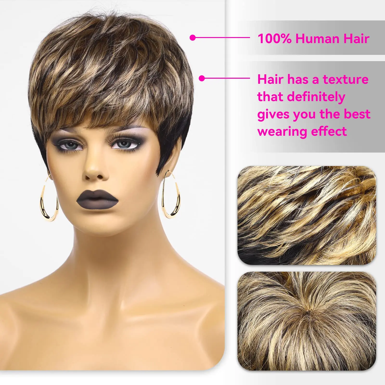 Pixie Cut 100% Human Hair Brazilian Wig for Black Women Short Remy Hair Mixed Black Blonde Human Hair Layered Machine Made Wigs