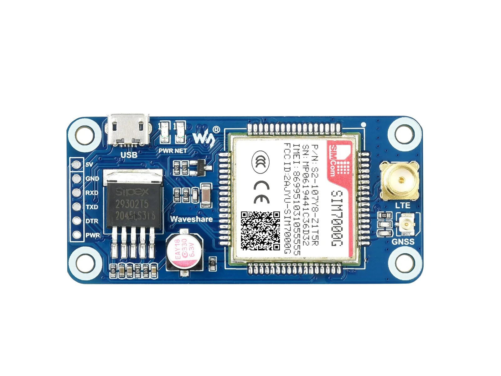 Waveshare SIM7000G NB-IoT / Cat-M / EDGE / GPRS HAT For Raspberry Pi, GNSS Positioning, Global Band Support