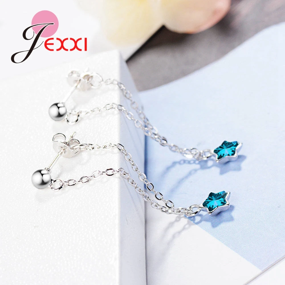 925 Sterling Silver Top Grade Ocean Blue Five-pointed Star Design Crystals Filled Drop Earrings For Women Bridal Wedding