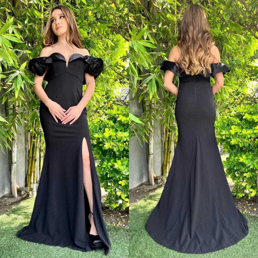 

Customized Matching Exquisite Jersey Handmade Flower Pleat Mermaid Off-the-shoulder Long Dresses Bespoke Occasion Dresses