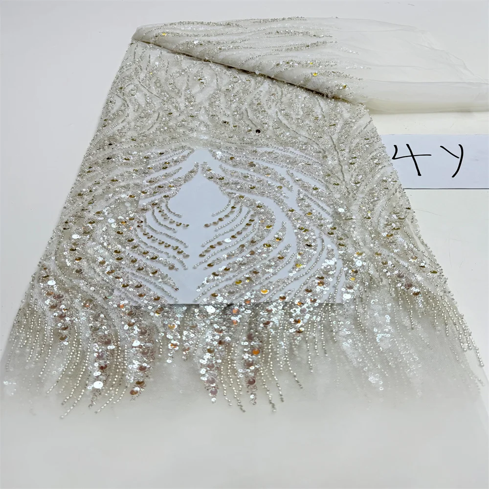 ผ้าลูกไม้ตาข่ายประดับลูกปัดแบบฝรั่งเศส ผ้าลูกไม้ปักเลื่อมคุณภาพสูงสำหรับชุดแต่งงานผู้หญิง 4 หลา