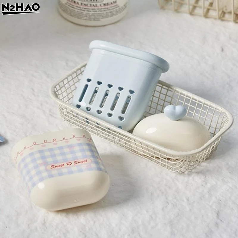 1pcs Portable Double Layer Soap Dish With Lid Draining Travel Size Cute Cotton Swab Box Student Friendly Bathroom Organizer