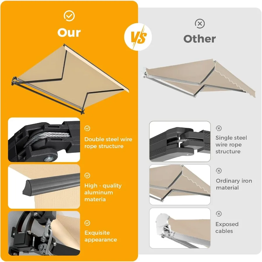 10x8 Retractable Awning for Patio, Manual Awnings, Sunshade Shelter Crank Handle, UV and Water-Resistant Polyester Cover and Al