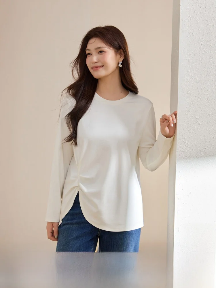 

Fashionable round Neck T-Shirt Pleated Design plus Size Women's Clothing Versatile Spring New Arrival Comfortable Cotton Blend