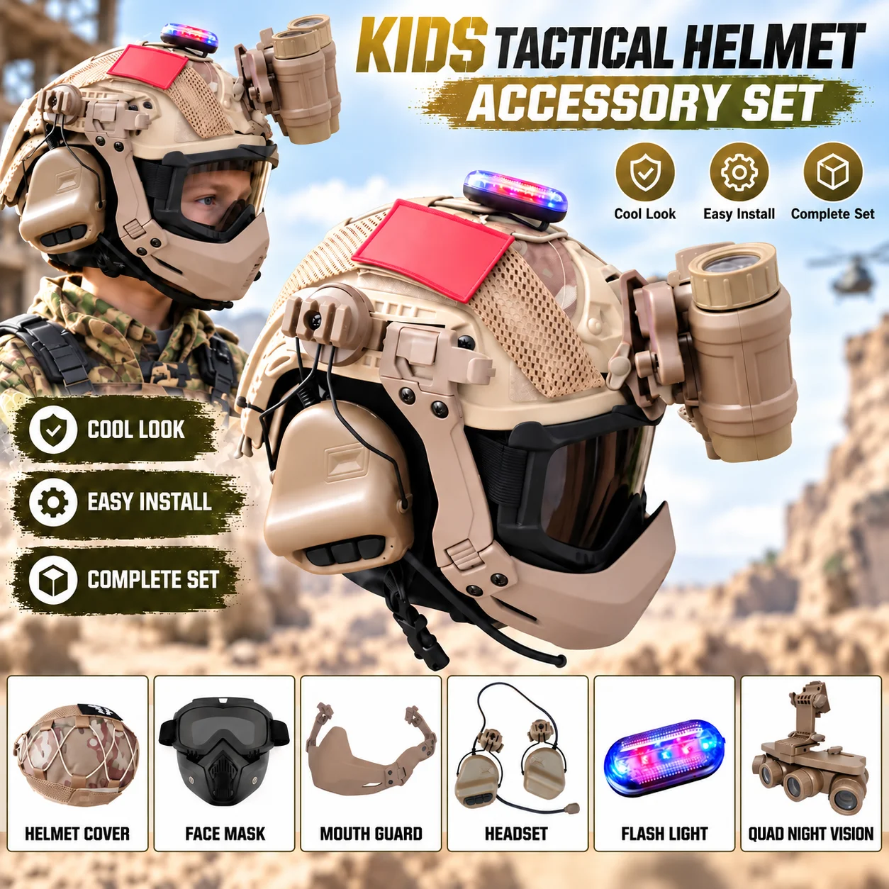 Kids Tactical  Helmet Set with Quad Lens Viewer, Strobe Light, Infrared Flashlight and Rail Accessories for Kids Gift