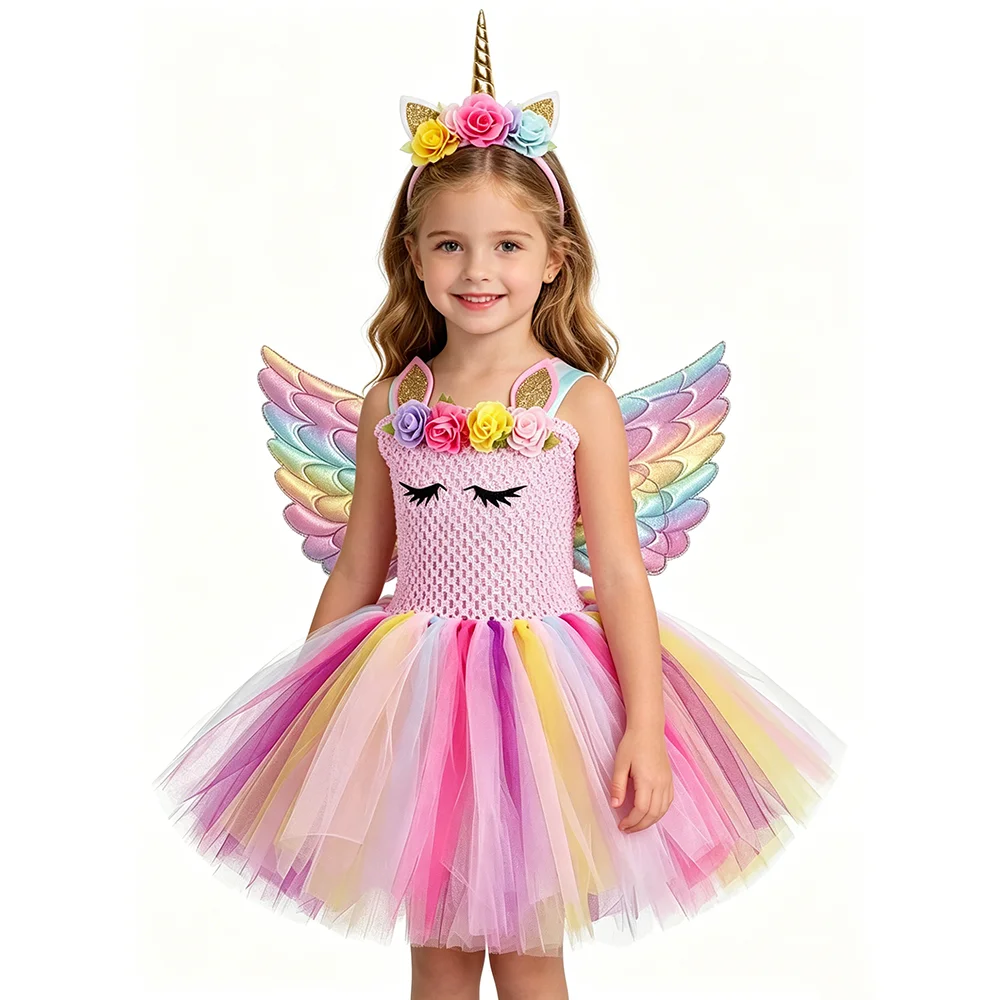 Pink Unicorn Princess Dress for Girls Cute Ballet Tutu Costume with Horn & Wings Kids Fancy Outfit for Birthday Halloween Party