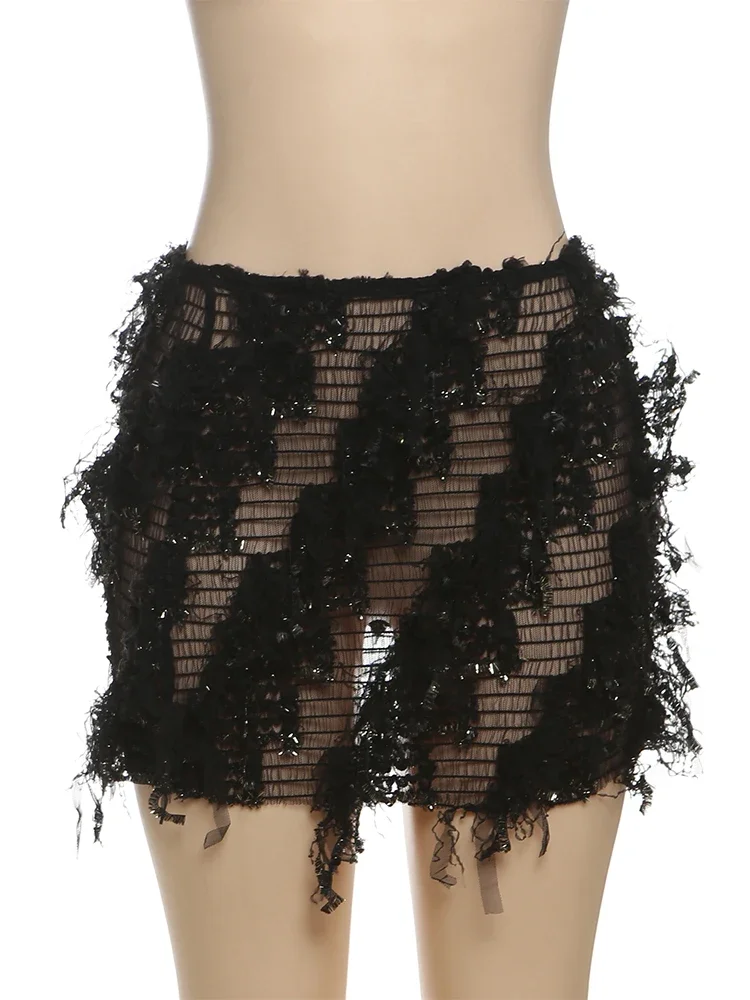 

Sisterlinda Crochet Hip Skirts Contrast Color Ruched Tassel Unique Stunning High Waist Bottoms Mujer Stacked Street Popular Wear
