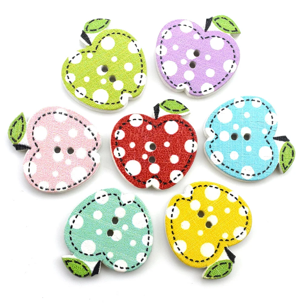 50PC 20MM Mixed Apples Pattern Wooden Buttons for Clothes Crafts Sewing Decorative Needlework Scrapbooking DIY Accessories