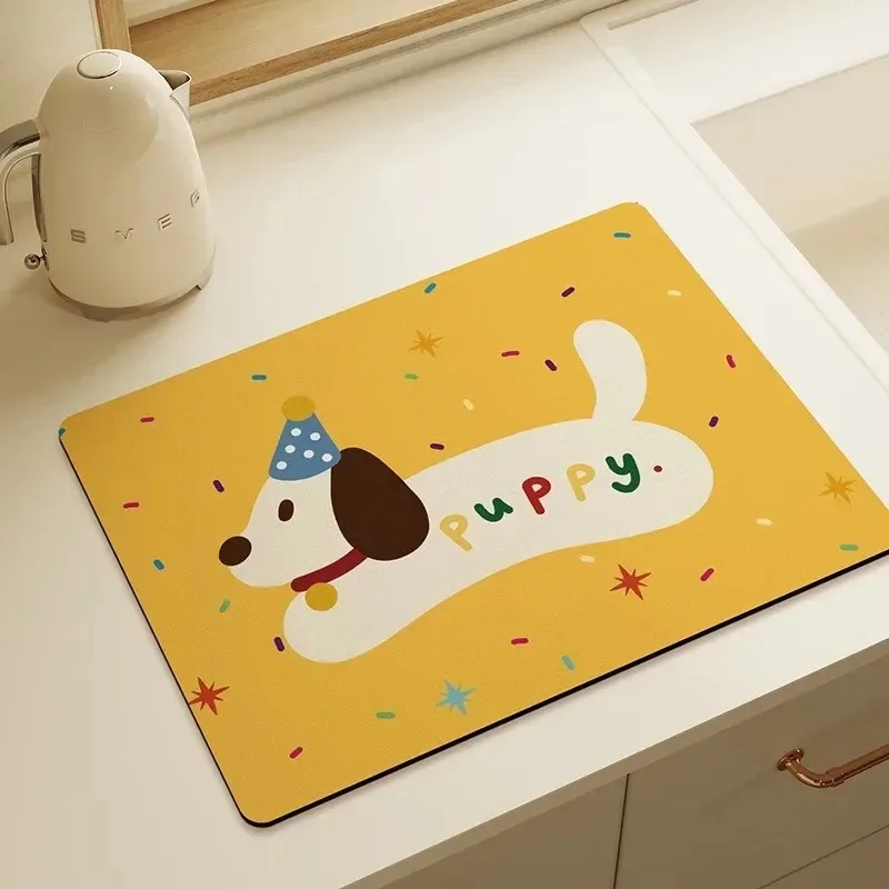 VIKAMA Cute Cartoon Puppy Kitchen Drain Mat, Dachshund Print Non-Slip Mat for Kettles and Teacups, Sink Countertop Kitchen Decor