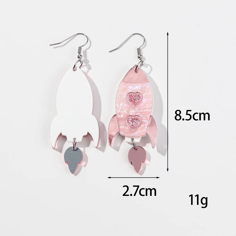 Glitter Pink Acrylic Love Rocket Long Earrings for Women Mirror Heart Alien Spacecraft Drop Earring Jewelry Valentine's Day Gift