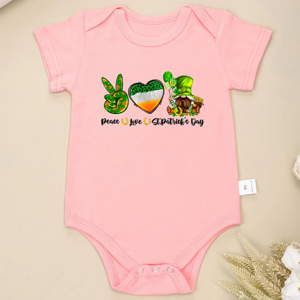 Peace Love St. Patrick's Day Baby Bodysuit Happy Festival Streetwear Cotton Toddler Jumpsuit Green Crew Neck Cozy Infant Onesie