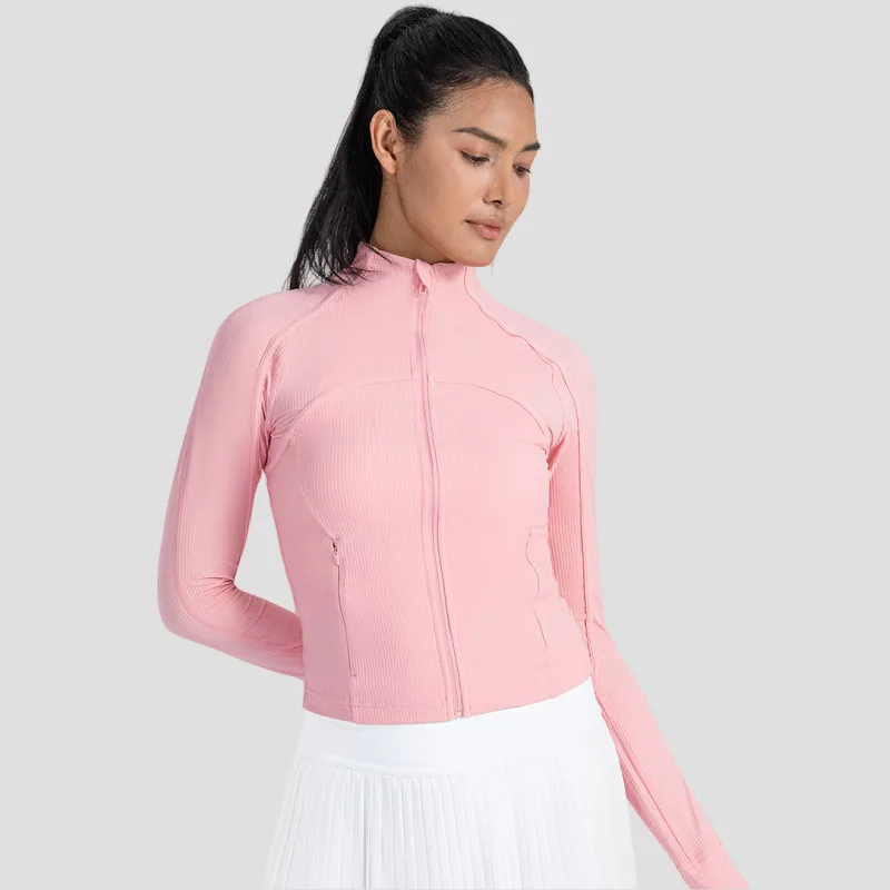 Veste de sport à manches longues avec poche pour femme, manteau de sport, sweat-shirt de course, vêtements d'entraînement, fermeture éclair complète