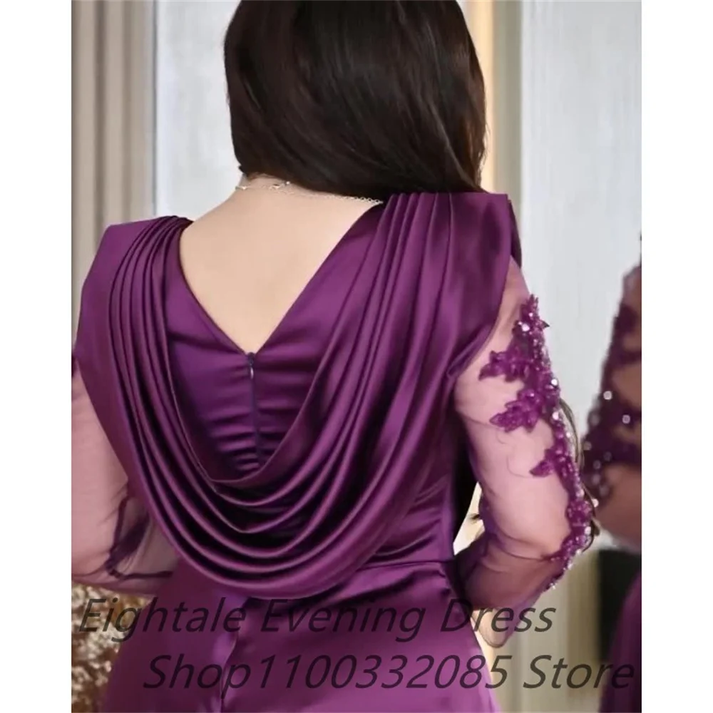 Bella Purple Satin robes de soirée V-neck Plus Size Lace Customized Sleeves Evening Dresses Floor-length A-line Wedding Dress