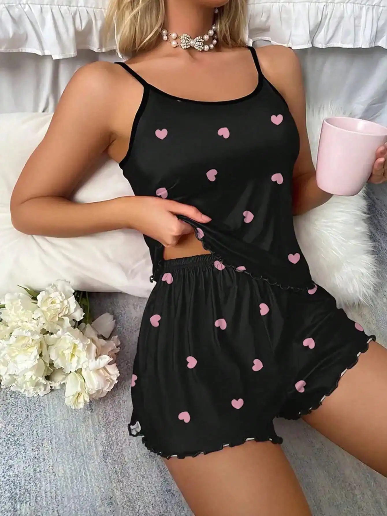 Heart Print Pajama Set Crew Neck Cami Top & Lettuce Trim Casual Round Sexy Women's Summer Sleepwear Soft Loungewear Nightwear