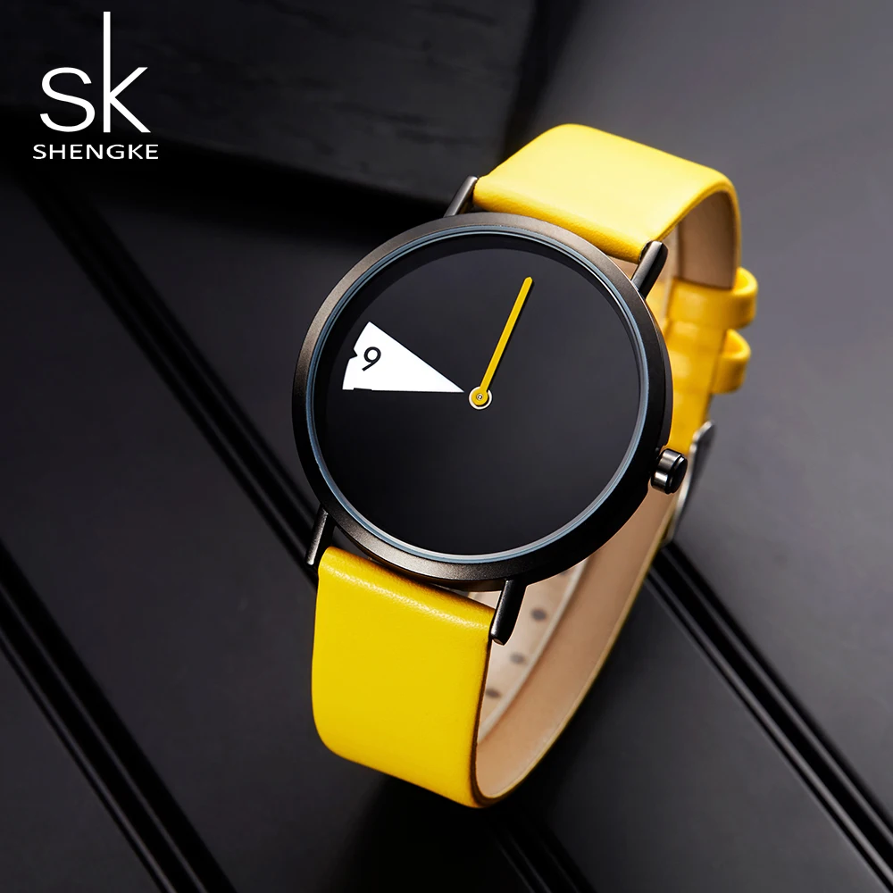 Shengke Top Women Watch Creative Wristwatch Ladies Watch Rotate Yellow Leather Band Wristwatches Clock Montres Femme Reloj Mujer