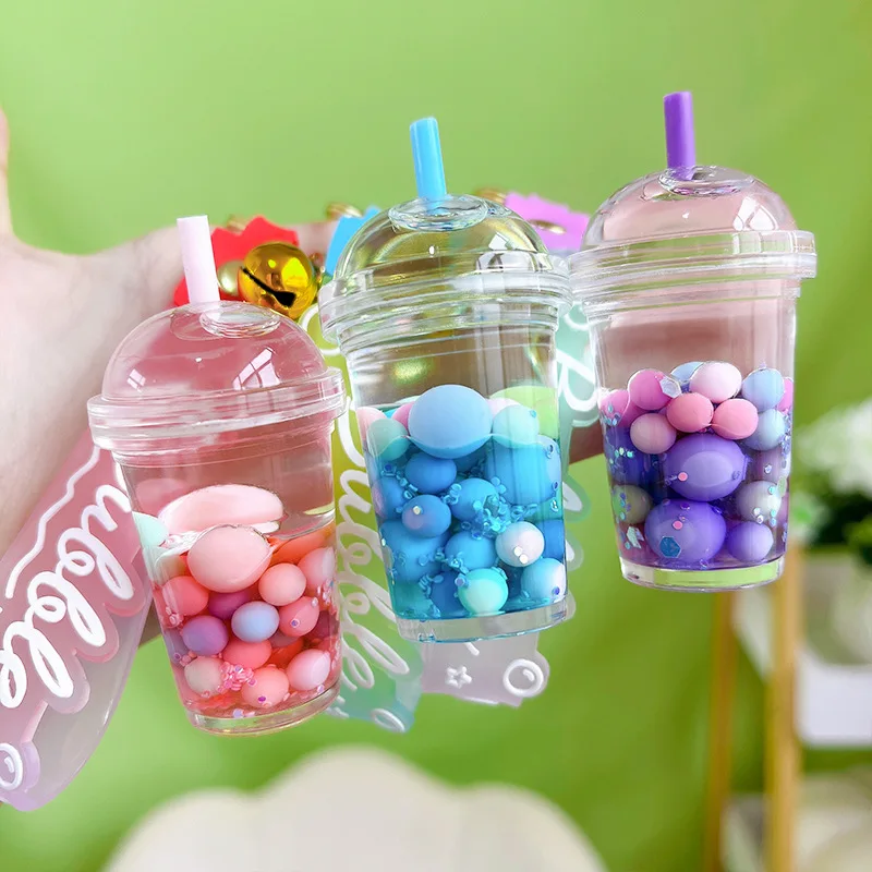 Cute Liquid Pearl Milk Tea Cup Key Chain Creative Quicksand Floating Jelly Bean Keyring Backpack Pendant Keychain Gift for Women