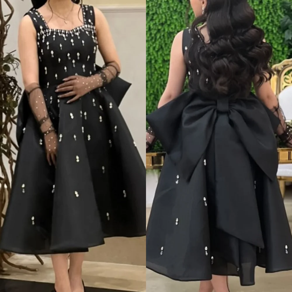 

Customized Modern Style Fashion Charmeuse Rhinestone Bow A-line Square Neck Tea Length Dresses Bespoke Occasion Dresses Matching