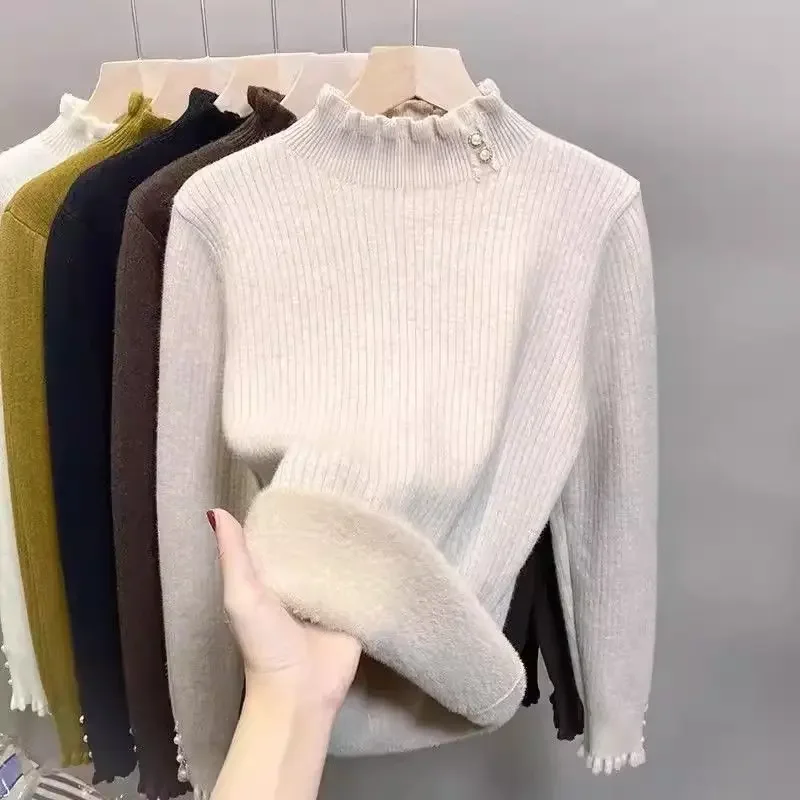 

Autumn Winter Top Half High Collar Knitwear Thickened Integrated Fleece Women's Knitted Sweater Half High Collar