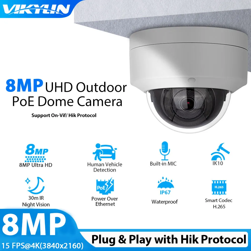 Vikylin Hik Compatibile 4K 8MP Mini Dome IR Visione Notturna Telecamera IP di Sicurezza Onvif Mic POE Rilevamento Veicolo Umano IP67 CCTV Domestico