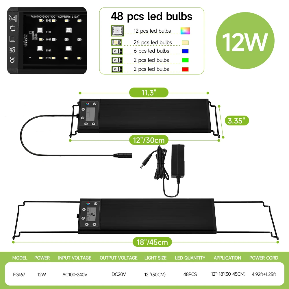 30–60 cm Aquarium, 24/7 Vollspektrum-Beleuchtung, LED-Licht, Aquarium-Dekoration, Wasserpflanzen-Wachstumslampe, IP68, wasserdicht, 100–240 V