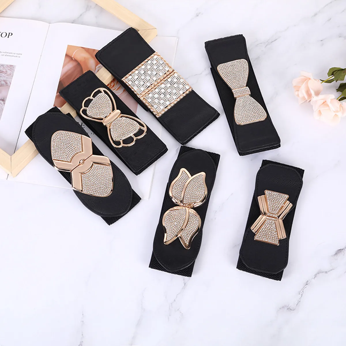 Versatile Elastic Band Belt for Women Gold Color Metal Buckle 6cm/7.5cm Width Beautiful Tight Waist Belt