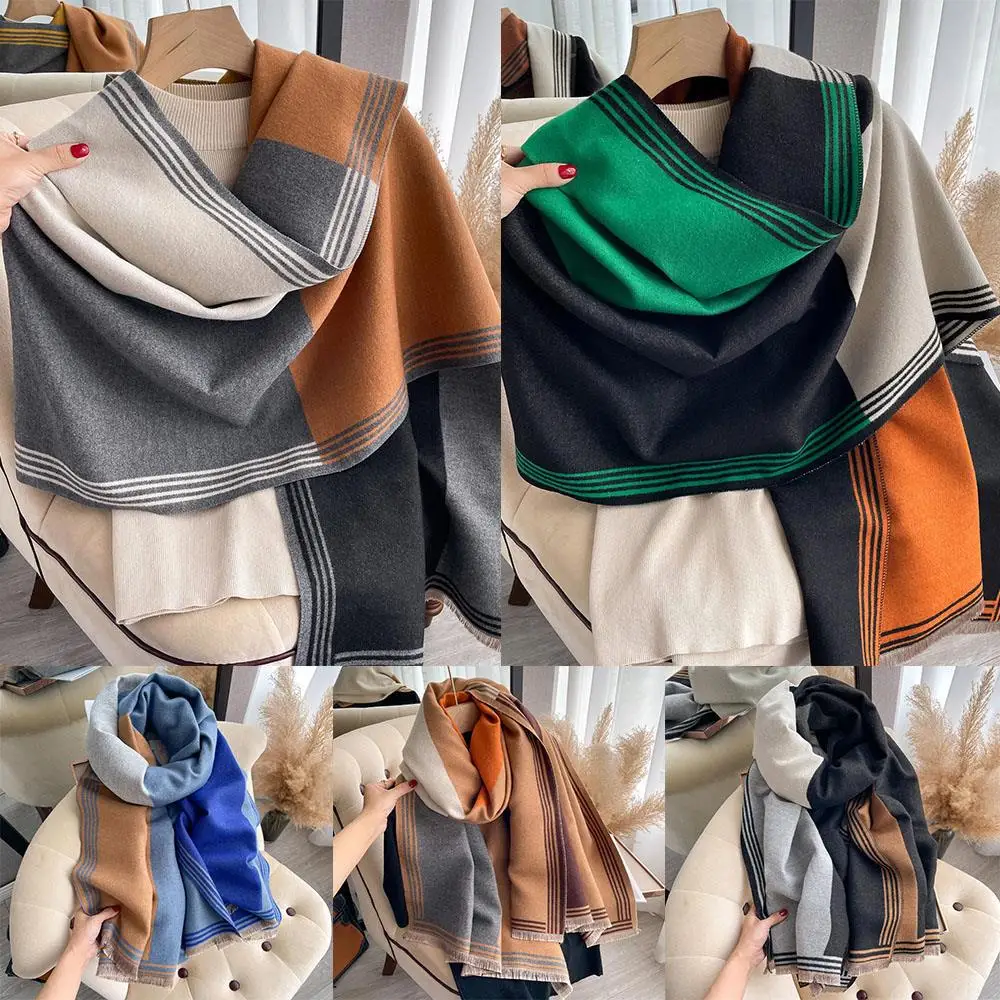 Selendang Warna-warni Motif Garis untuk Luar Ruangan, Selendang Selimut Musim Dingin untuk Wanita, Selendang Kasmir Hangat, Selendang Tebal Lembut, Hijab