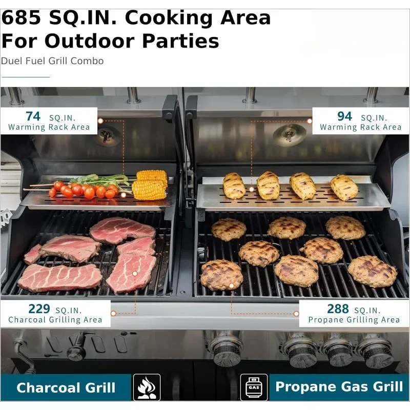 Dual Fuel Propane Gas Grill and Charcoal Grill Combo with Side Burner, Porcelain-Enameled Cast Iron Grate, Extra Large BBQ Grill