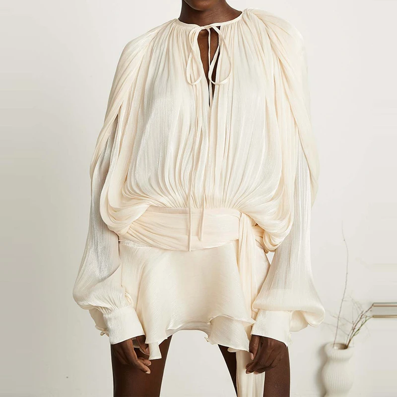 Pakaian Rok Lipit Bertekstur Elegan Wanita Atasan Lengan Panjang Leher-o Kasual dengan Setelan Rok Mini Set Pesta Solid Bertali Elegan