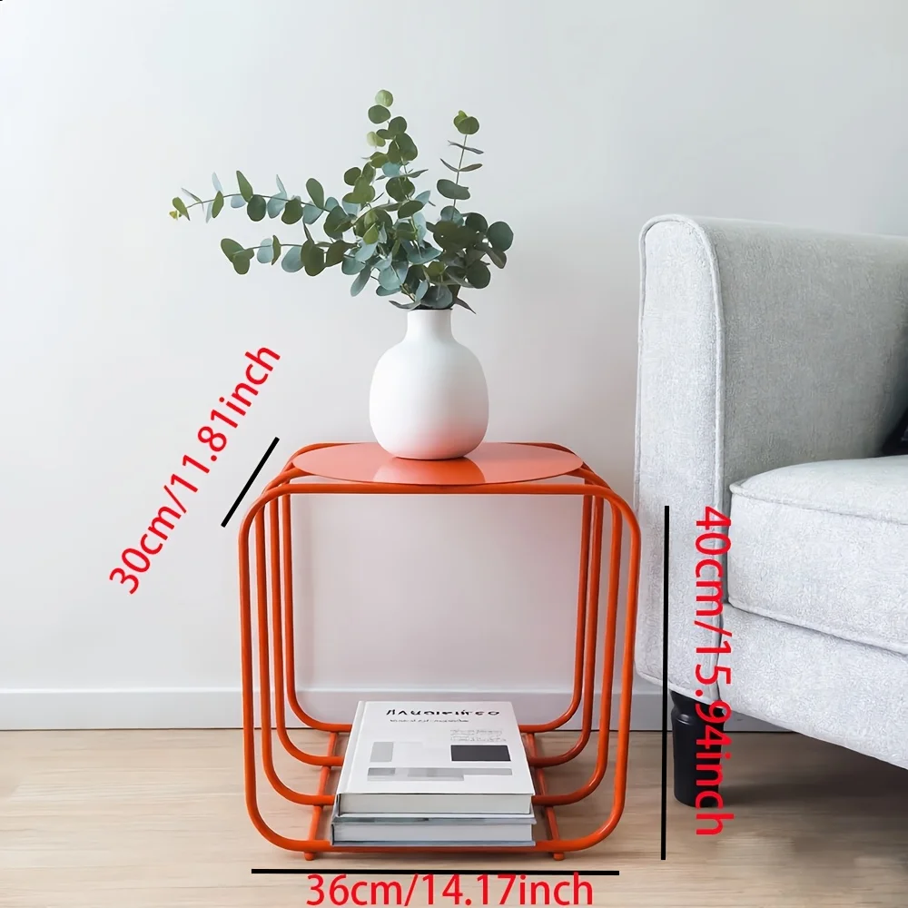 Modern Geometric Orange Coffee Table, Wrought Iron Metal Side Table with Storage, Artistic Accent Table for Living Room