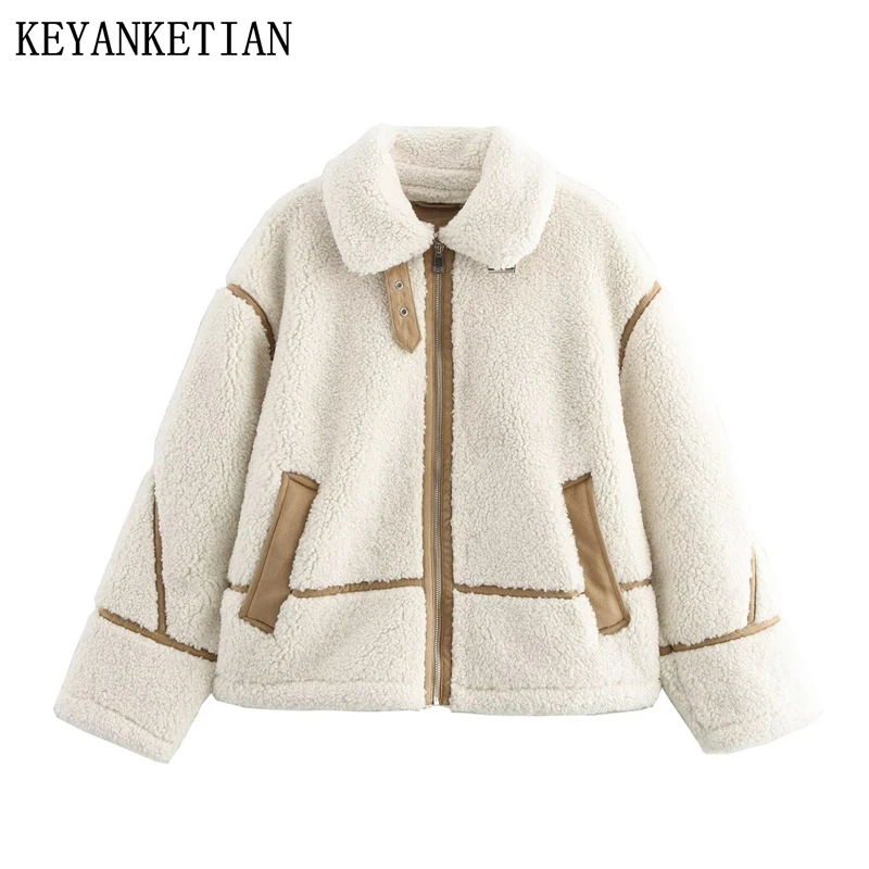 KEYANKETIAN 2024 Winter New Women's Thick Warm Short Lamb Wool Fleece Coat Patchwork Pockets Fashion Loose Zipper Greatcoat Top