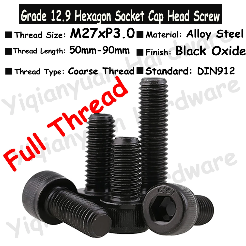 

Yiqianyuan DIN912 M27xP3.0 Grade 12.9 Alloy Steel Hexagon Socket Knurled Cap Head Screws Allen Key Bolts Fully Threaded