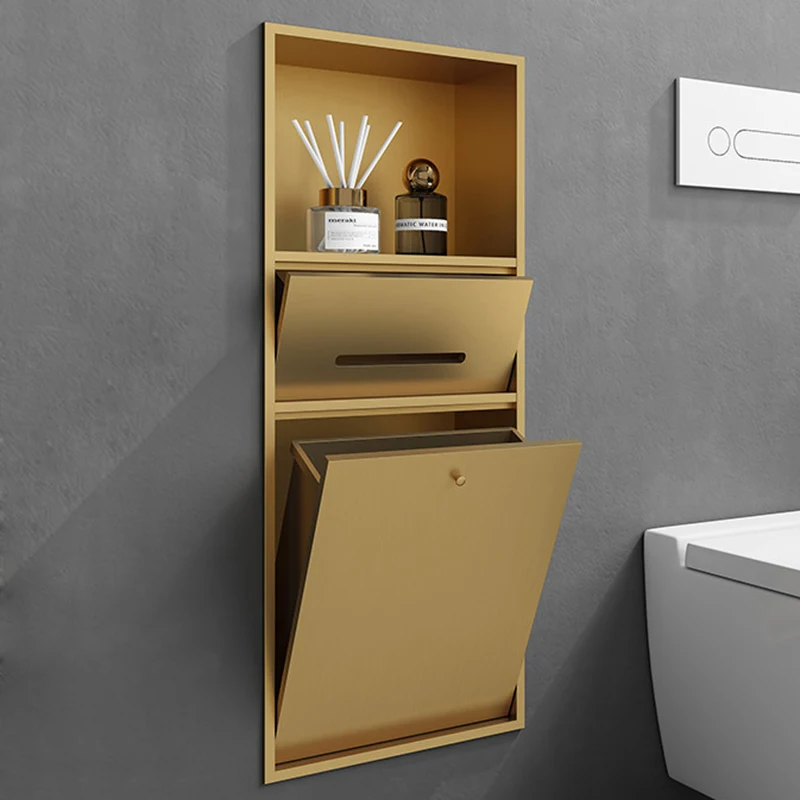 Bathroom embedded storage rack stainless steel garbage bin tissue holder niche Brushed gold 700*280*135mm