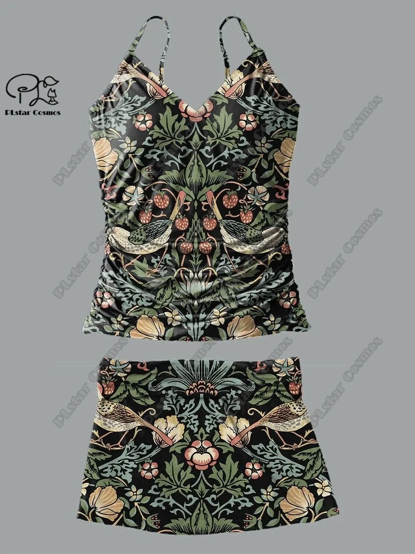 Women's v-neck summer retro floral 3D print suspender skirt style two piece swimsuit suit holiday travel new swimsuit   f-9