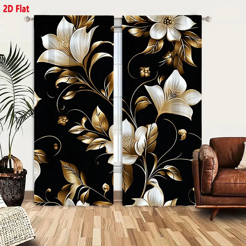 2Pcs Curtains 2D Flat Seamless Floral Pattern Black Background White Flowers Golden-Brown Leaves Intricate Golden Stems Tendrils