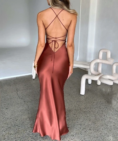 Satin rücken freie Schnürung Meerjungfrau Slip Kleid Frauen Schatz Hals sexy schlanke figur betonte Kleider elegante Seide Kleid Party wear