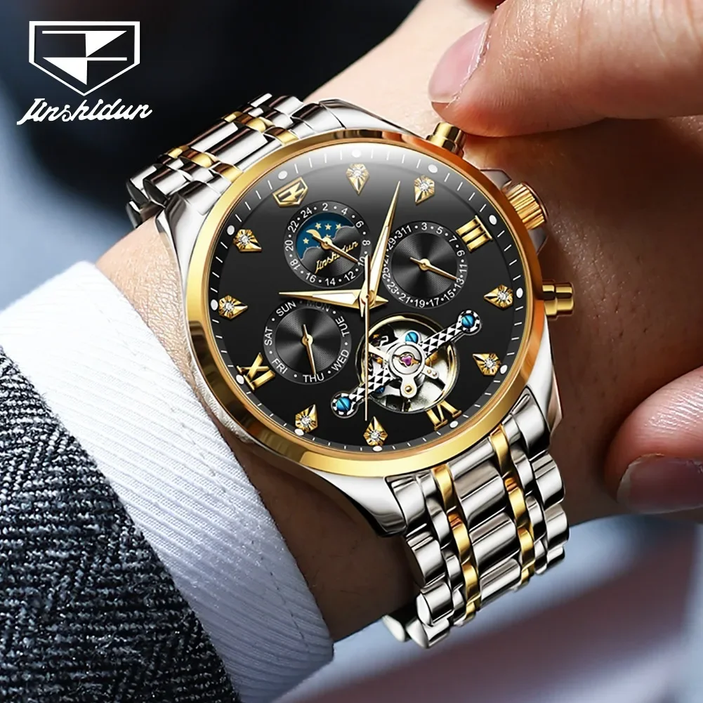 

JSDUN 8932 Automatic Mechanical Stainless Steel Strap Watch For Men Business Waterproof Men Wristwatch Calendar Week Display