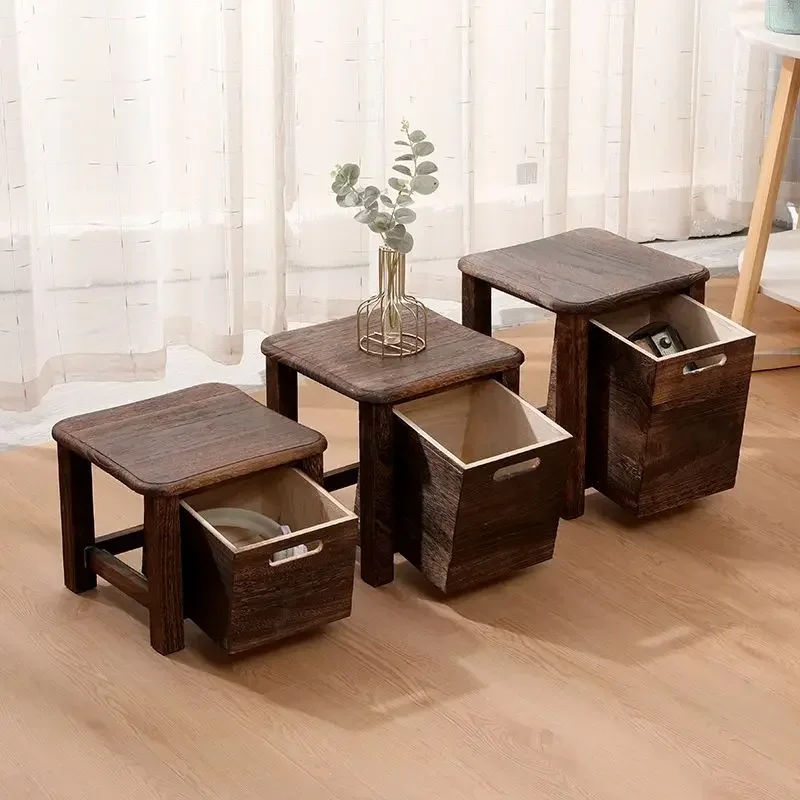 

Solid Wood Square Stool with Storage Drawer Sofa Bedside Low Table Change Shoes Bench for Entrance Hallway Ottoman Cabinet