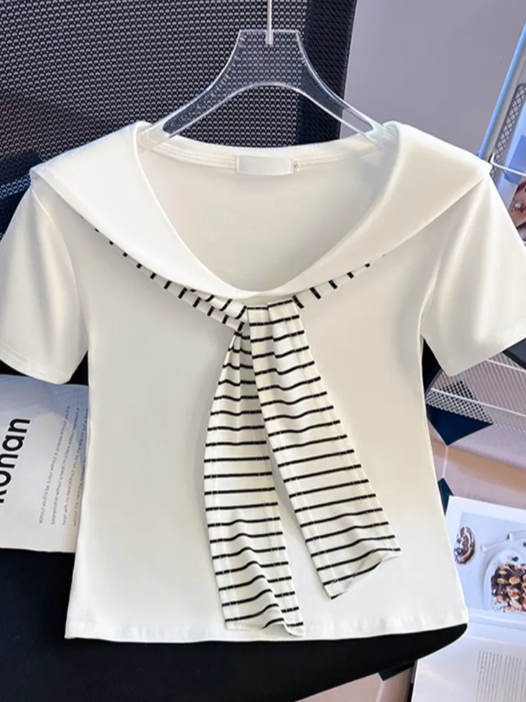 

Полосатая футболка с воротником из чистого хлопка ort Sve Темно-синий воротник Летний облегающий топ Корейский Sle Commute Faion Цельный предмет